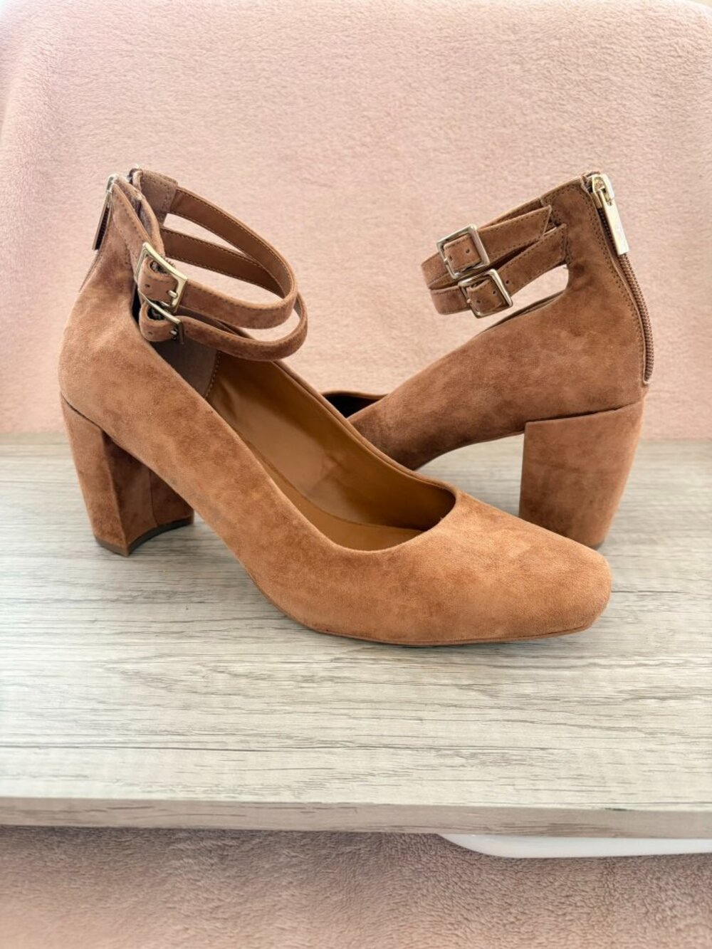 H by Halston Regina Brown Suede 3.25" Block Heel Pump Buckle Ankle Strap Zip 10